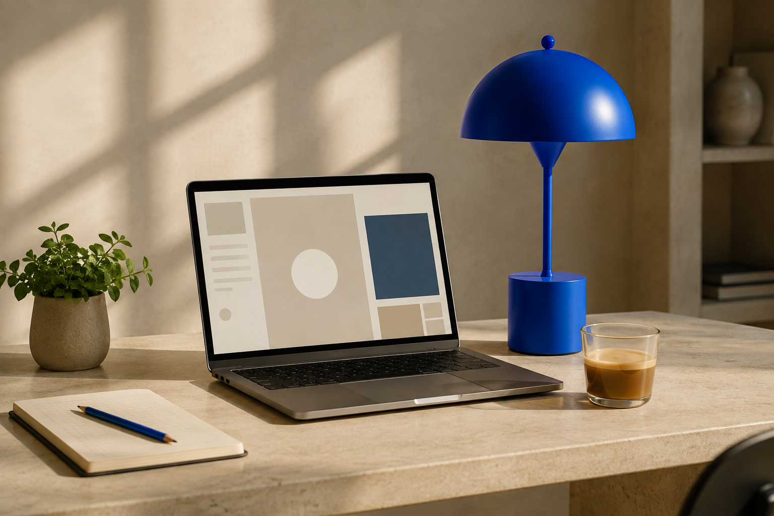 A calm workspace with a silver laptop, cobalt blue lamp and notebook in afternoon light